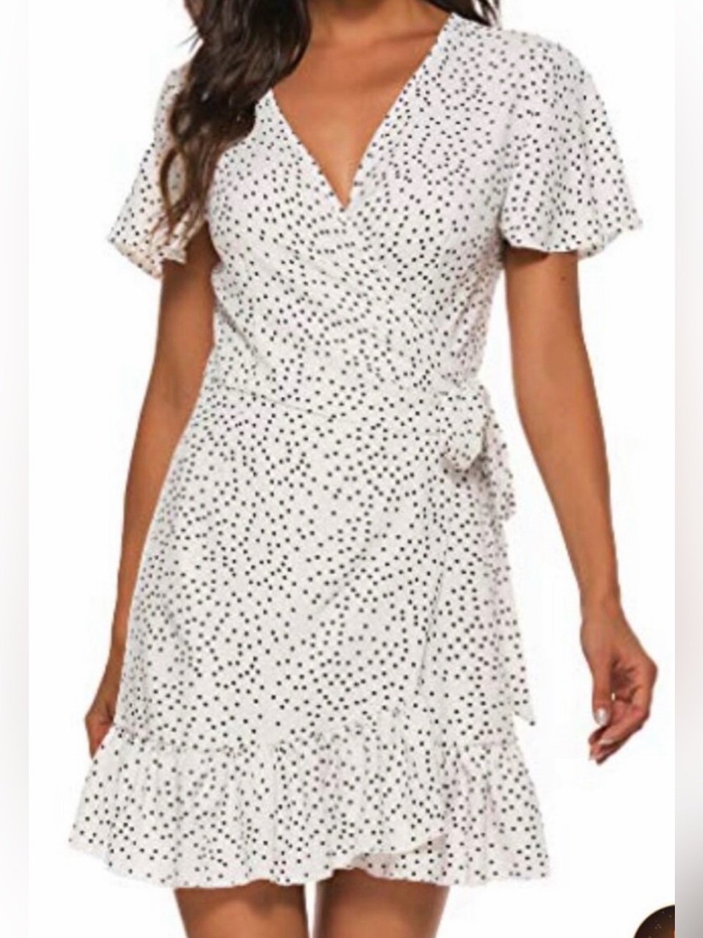Flattering White Polka Dot Wrap Dress with Ruffle Hem
